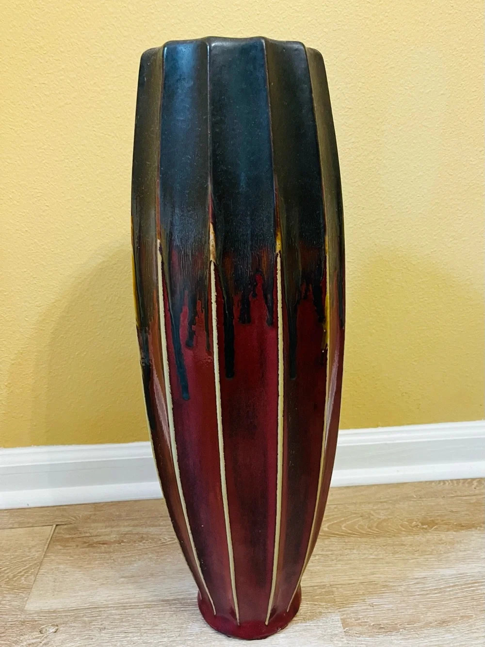 Red and Black Ceramic Floor Vase with Gold Stripe Accents